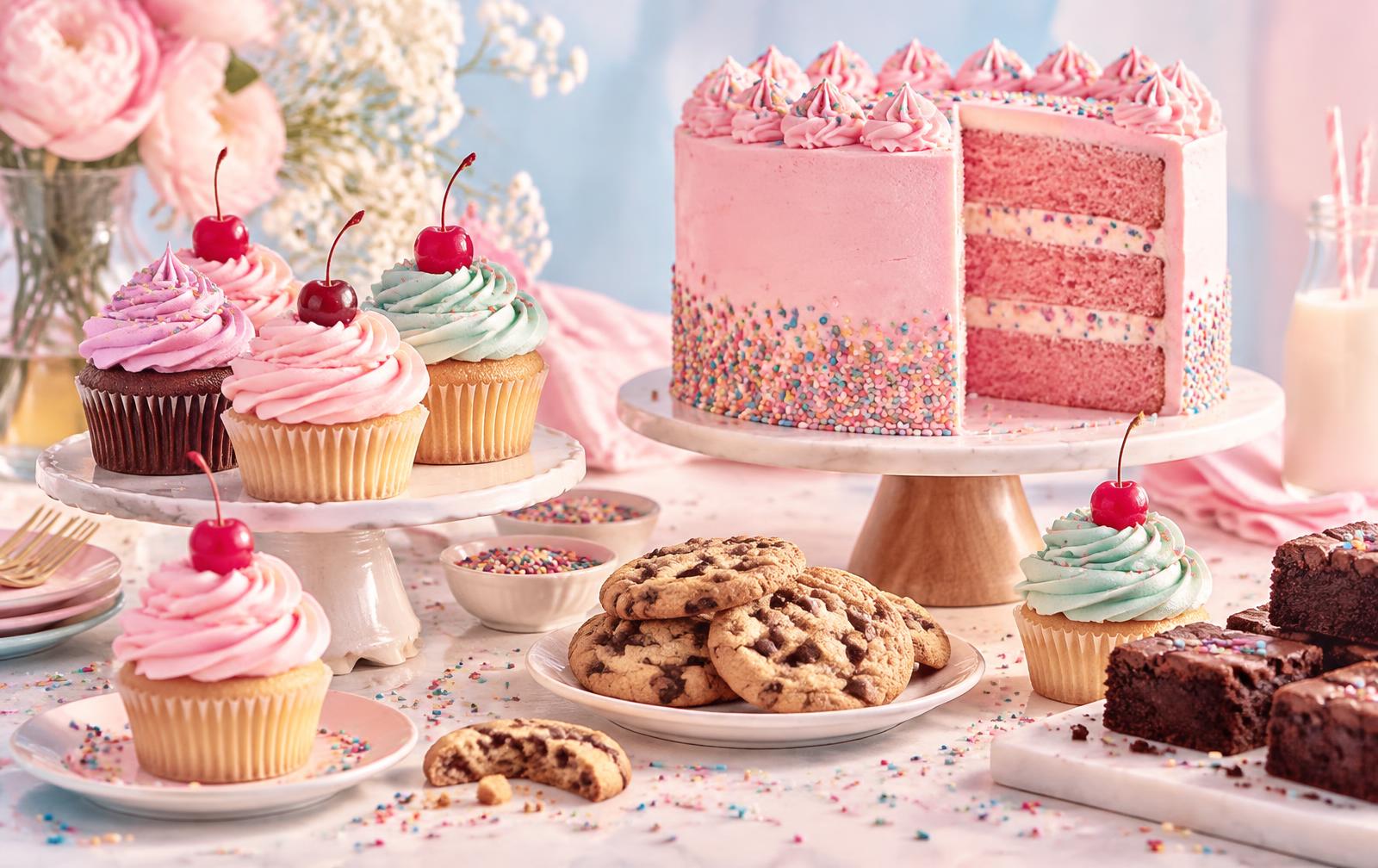 Pastel cupcakes, layer cake, cookies and brownies with sprinkles
